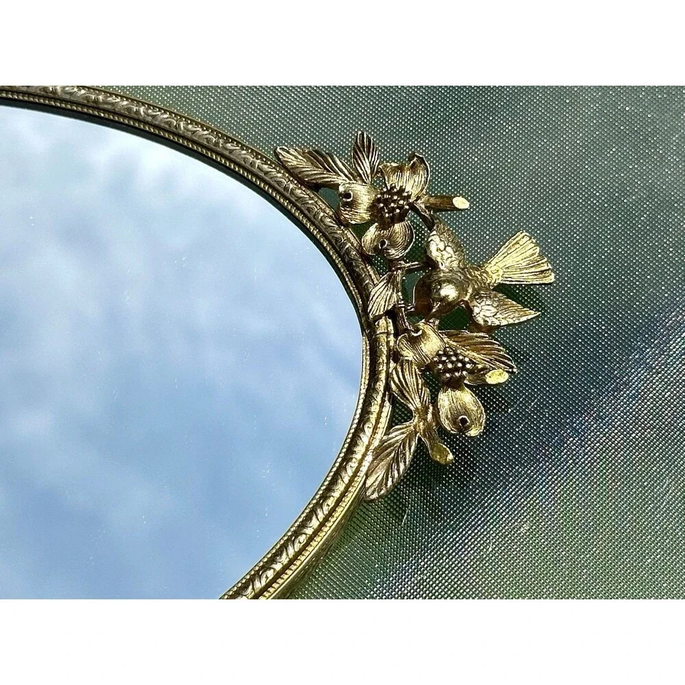 Vintage Matson Vanity Mirror Tray Birds Dogwood Gold Plated Hollywood Regency